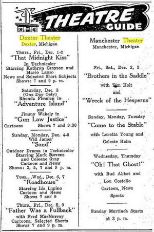 Manchester Theatre - 1949 Ad For The Dexter And Manchester Theaters (newer photo)